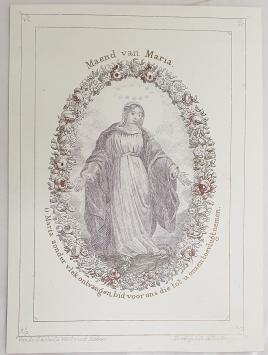 Herdenkingskaart 'Maend van Maria' met Maria omringd door een bloemenguirlande en sterrenkroon, lithografie door Daveluy - be