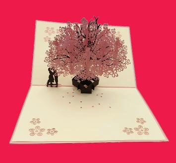 Open greeting card with 3D cherry blossom tree, buy-chromos.com